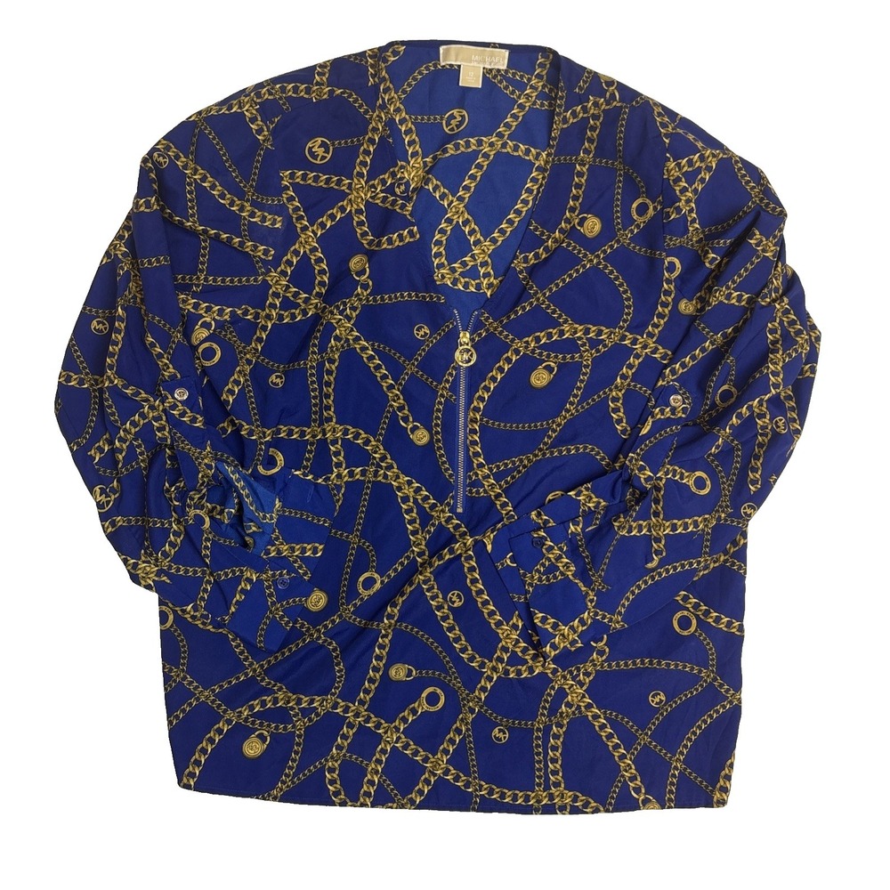 Michael Kors Chain Print Blue Long Sleeve Quarter Zip V-neck Womens Size 12